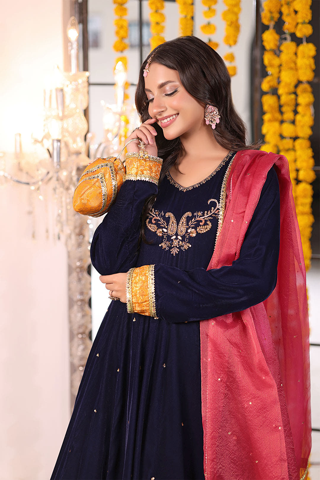 SANA'S red embroidered velvet maxi dress Pakistan occasion wear