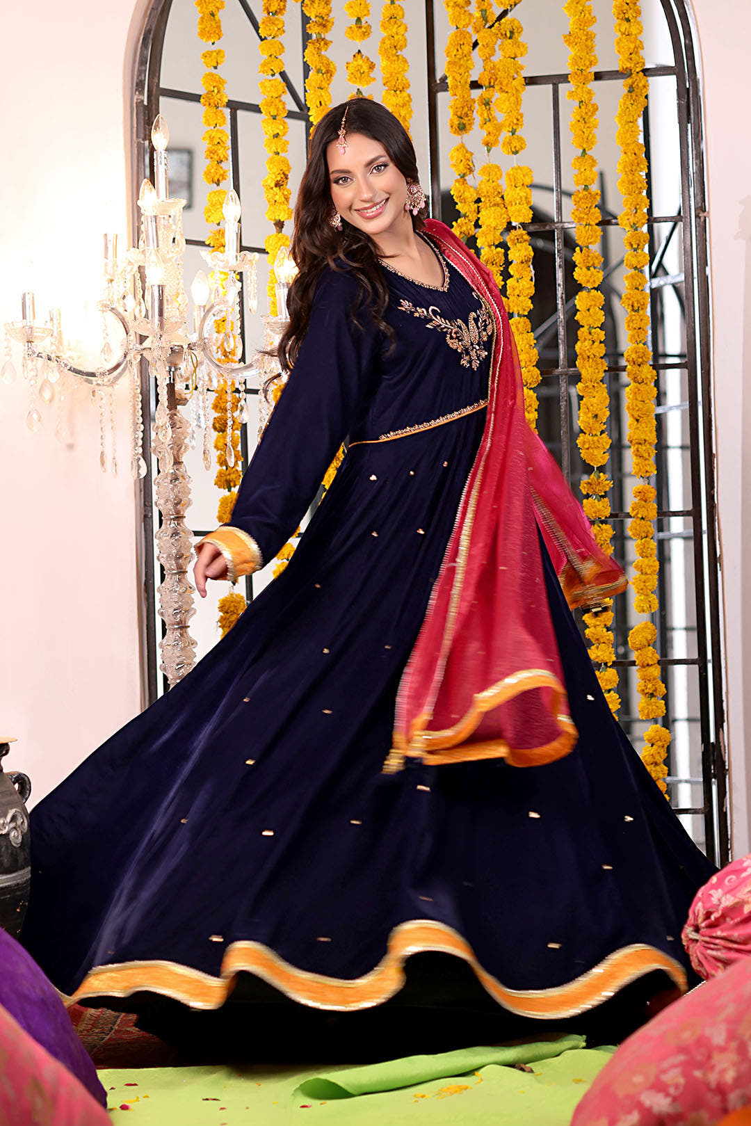 SANA'S red embroidered velvet maxi dress Pakistan occasion wear