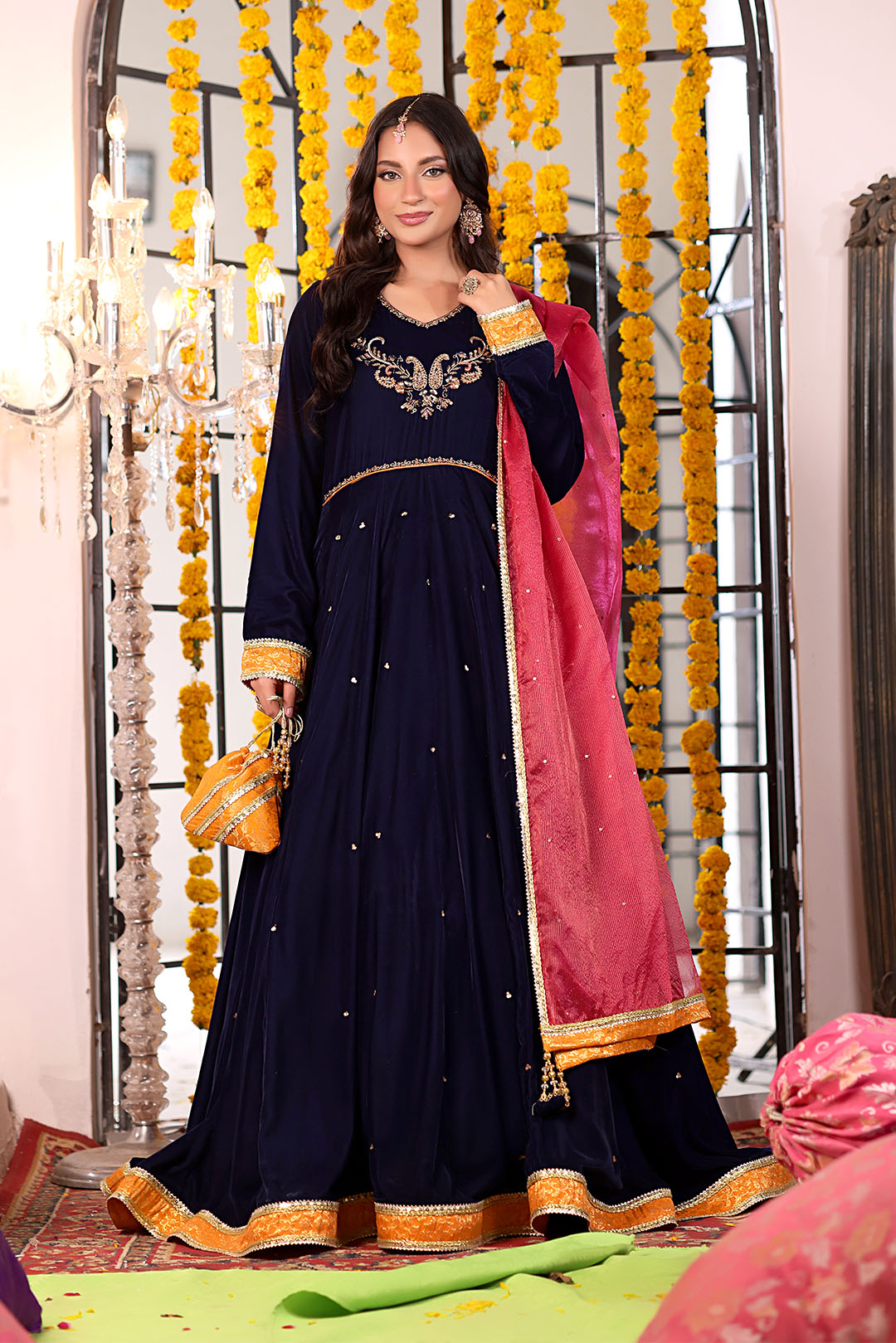 SANA'S red embroidered velvet maxi dress Pakistan occasion wear