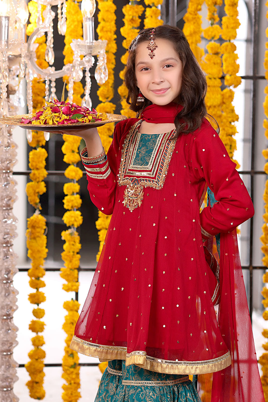 SANA'S red embroidered chiffon gharara suit Pakistan occasion wear