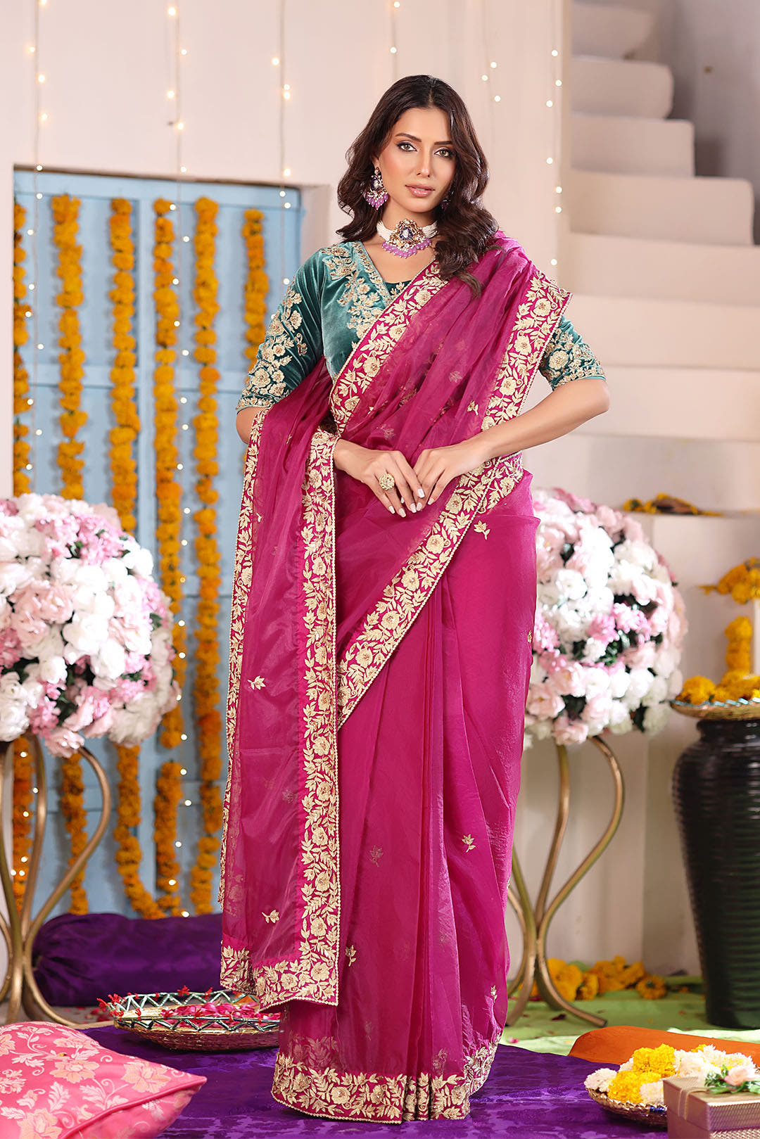 SANA'S red embroidered velvet saree Pakistan occasion wear