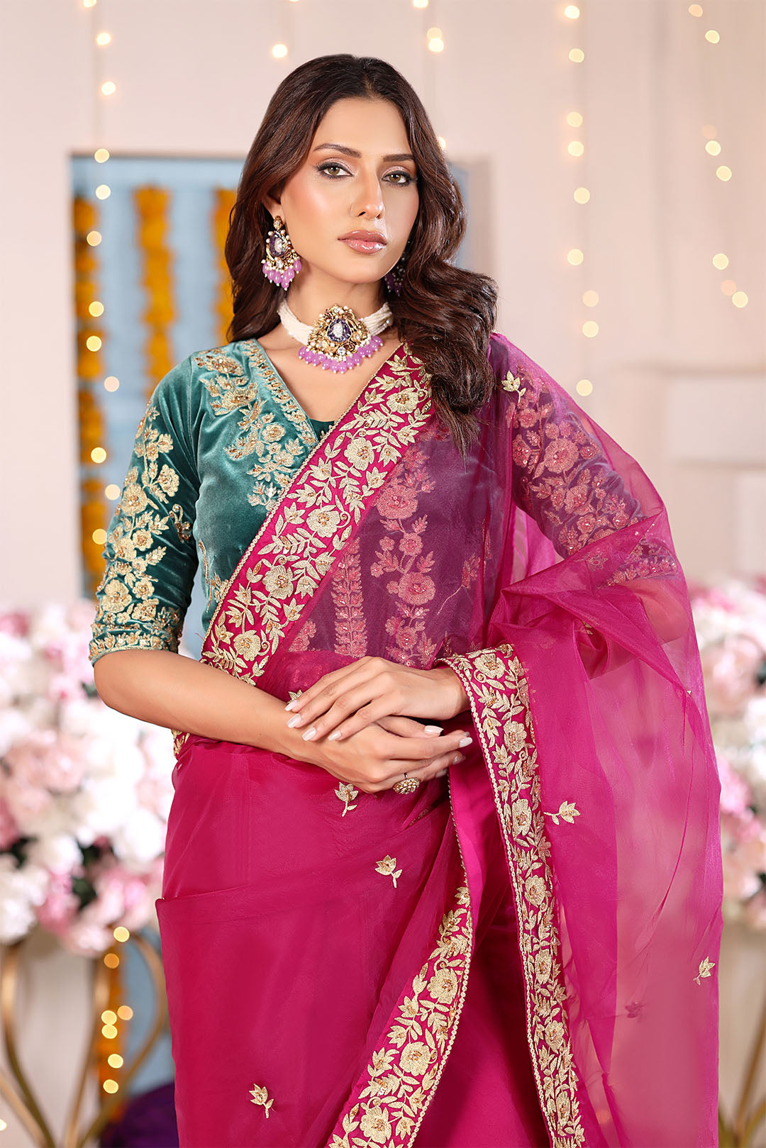 Aari Embroidered Organza Velvet Saree | SHENDI | SR202408