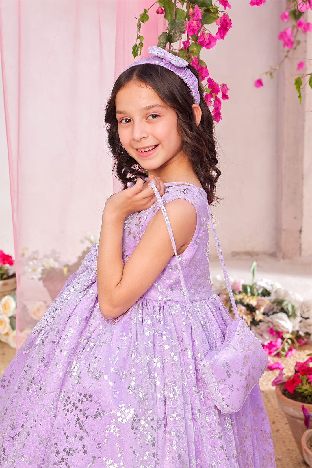 SANA'S purple printed net frock Pakistan Eid