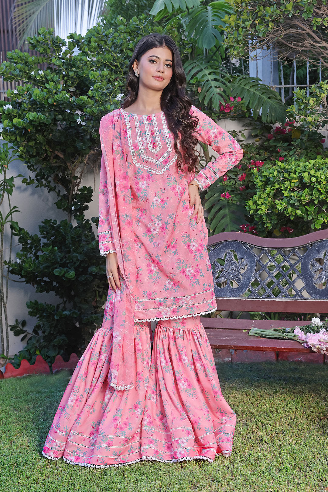 Floral Printed Lawn Chicken Kari 3pc Suit — Coral Pink
