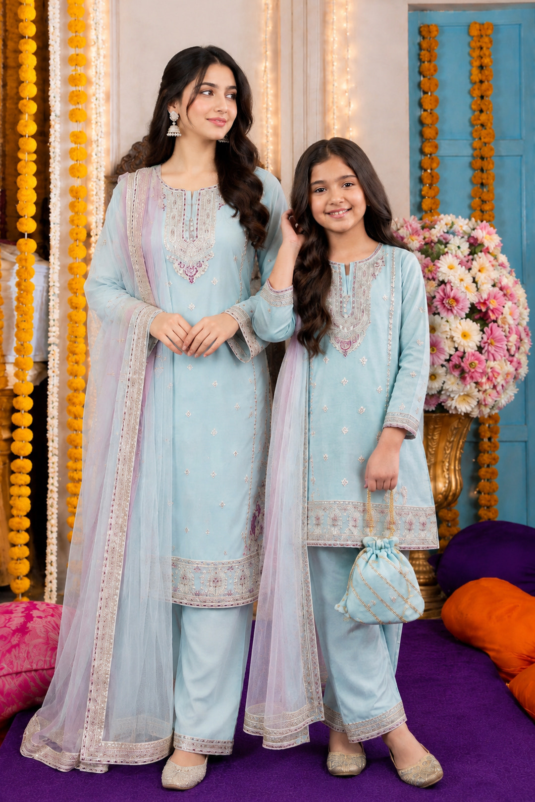 Ice Blue Resham Zari Embroidered 3-Piece