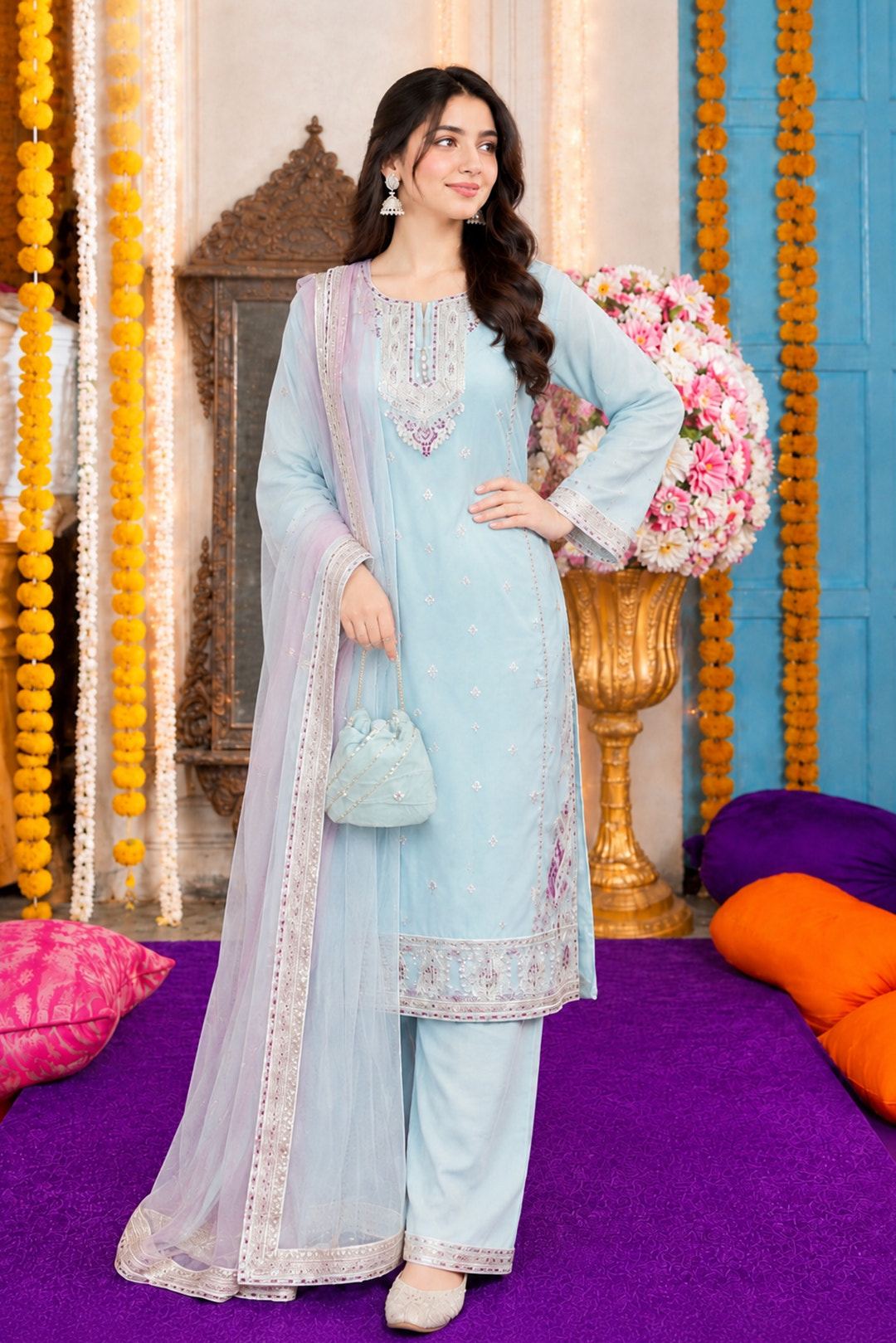 Ice Blue Resham Zari Embroidered 3-Piece