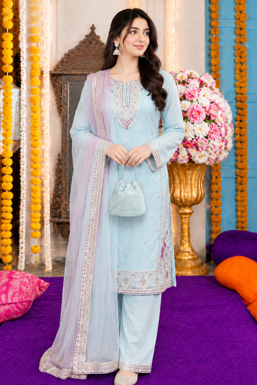 Ice Blue Resham Zari Embroidered 3-Piece
