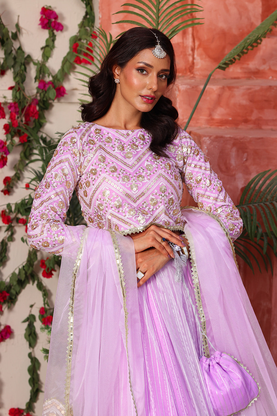 Women Lavender Chevron Embroidered Lehnga Choli Set with Dupatta & Potli | Mom & Me Wedding Collection | L123293