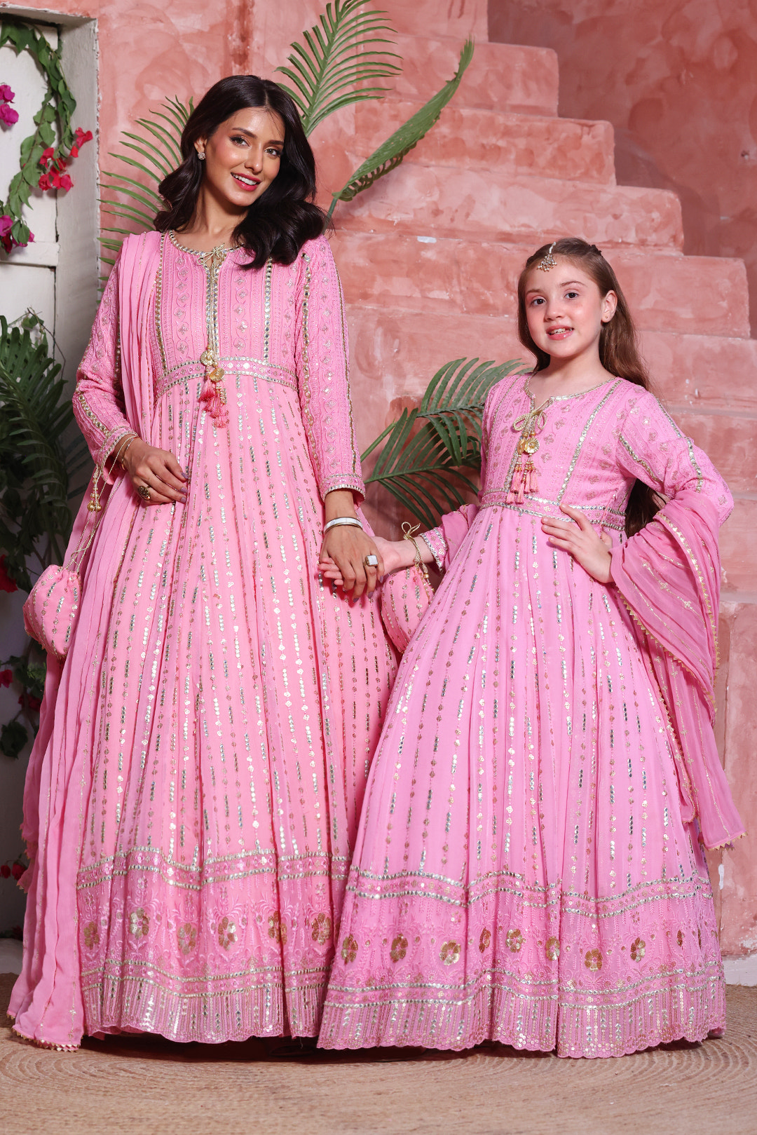 Flamingo Pink Embroidered Luxury Festive Chiffon Maxi