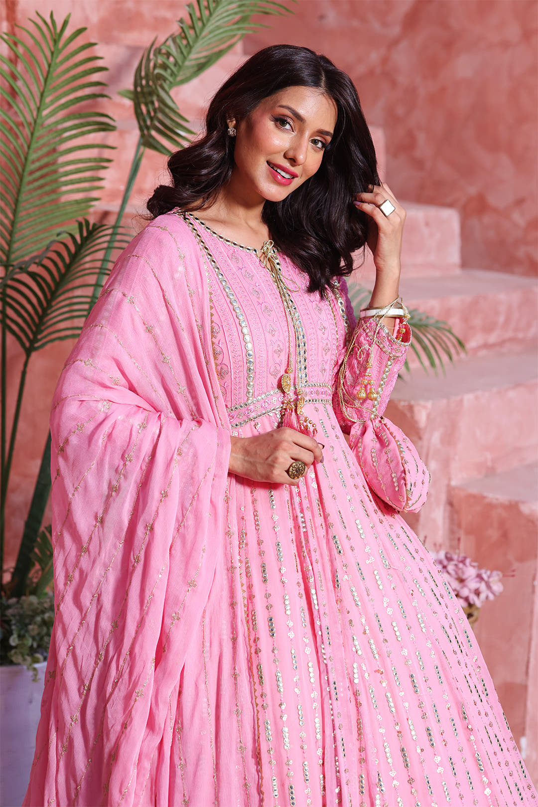 Flamingo Pink Embroidered Luxury Festive Chiffon Maxi