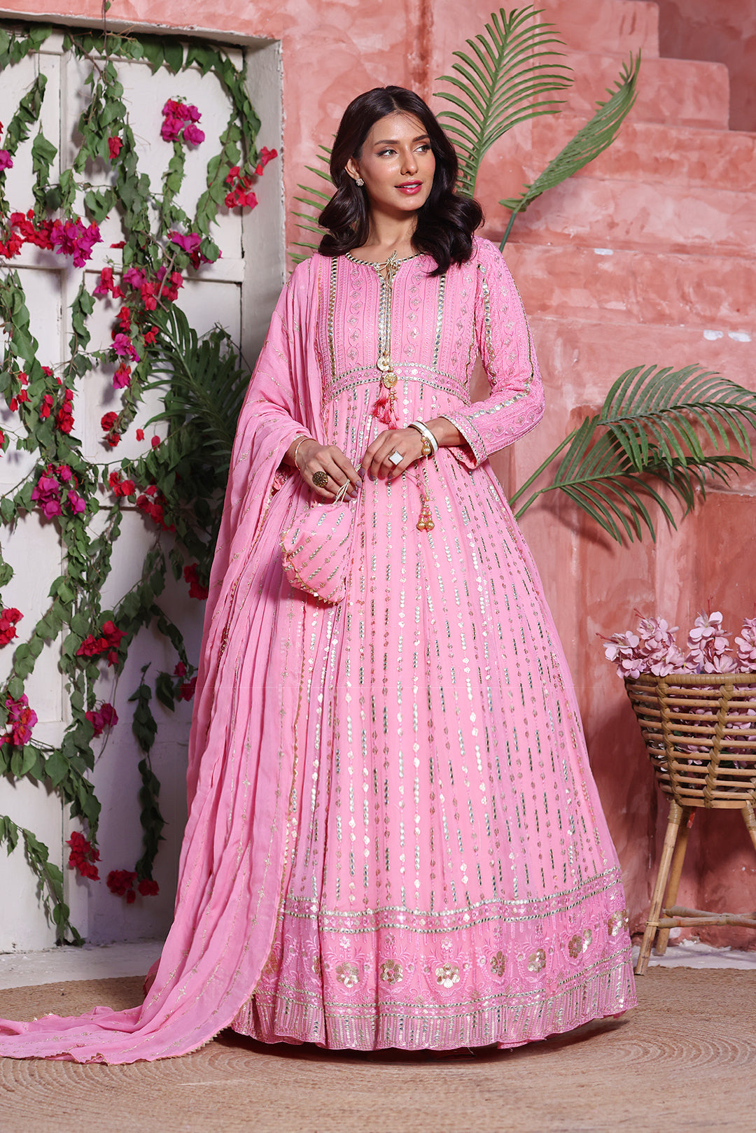 Flamingo Pink Embroidered Luxury Festive Chiffon Maxi