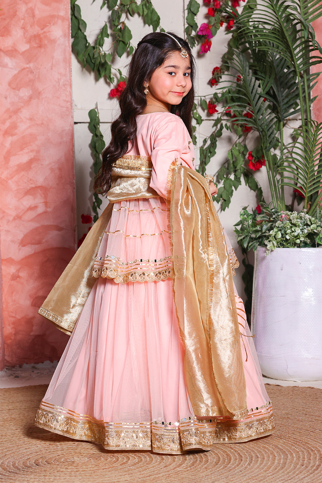 GIRLS PEACH MIRROR WORK PEPLUM LEHENGA SET WITH GOLDEN BROCADE DUPATTA | LUXURY WEDDING WEAR | L3292