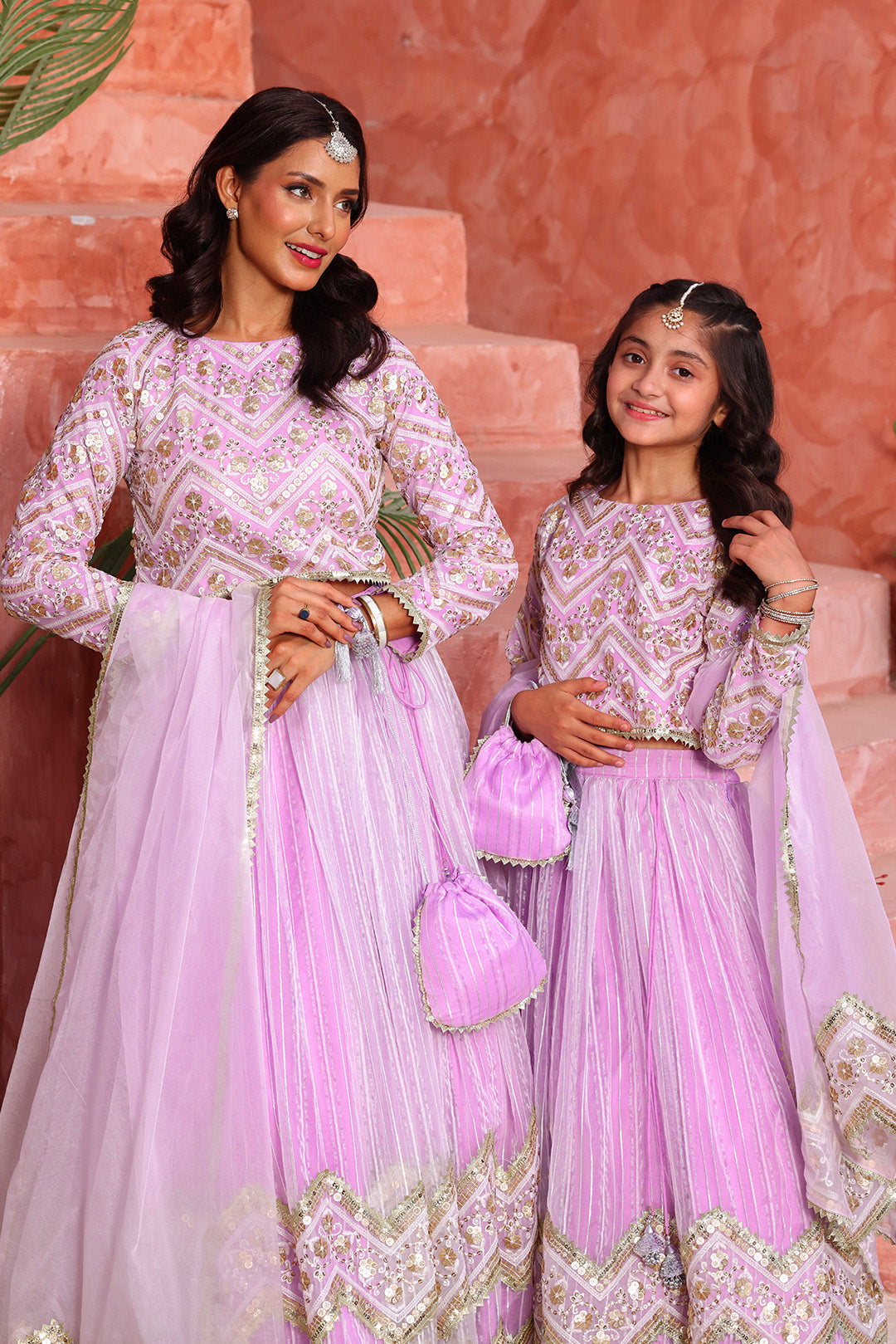 Girls Lavender Chevron Embroidered Lehnga Choli Set with Dupatta & Potli | Mom & Me Wedding Collection | L3293