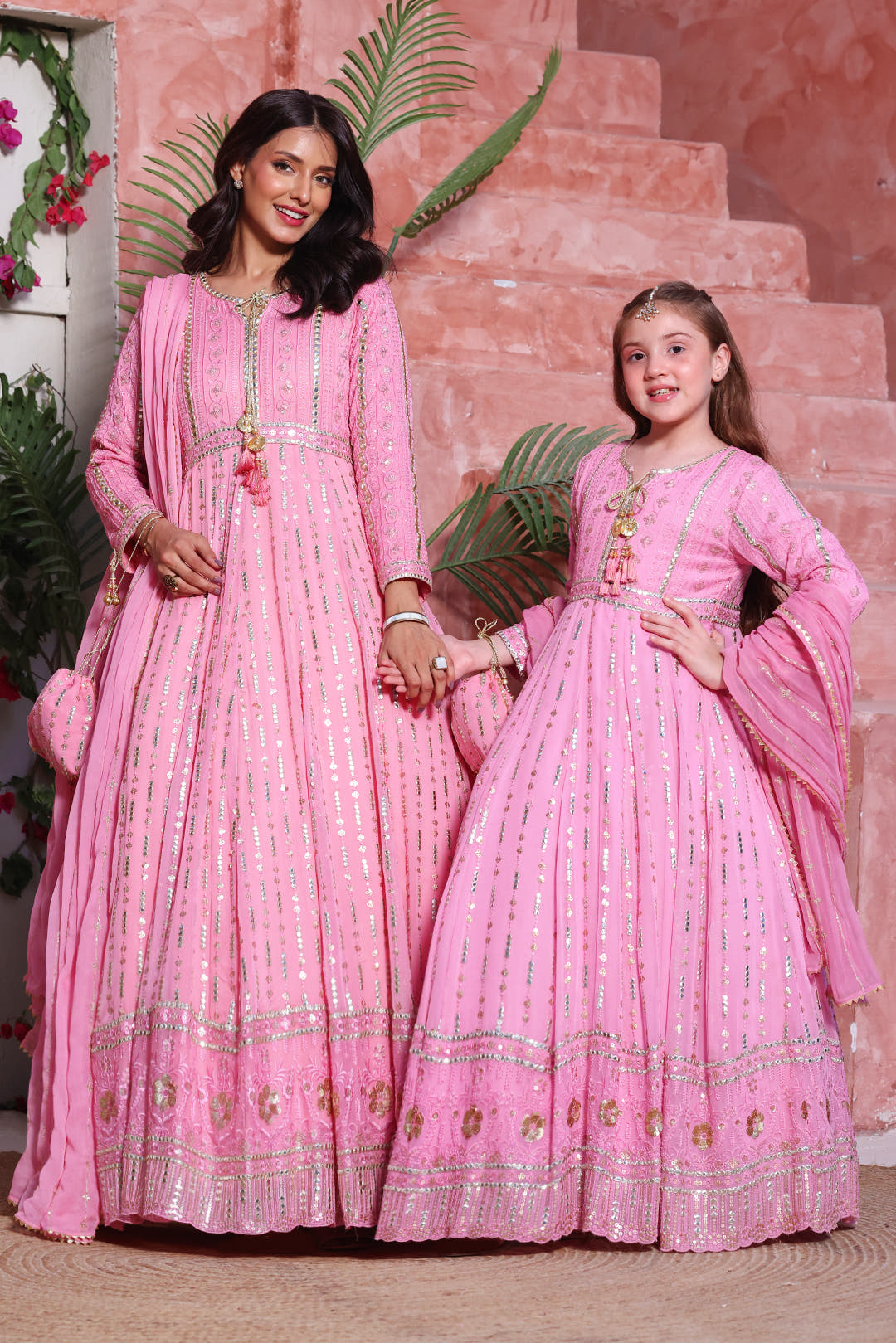 Flamingo Pink Embroidered Luxury Festive Chiffon Maxi | Girls