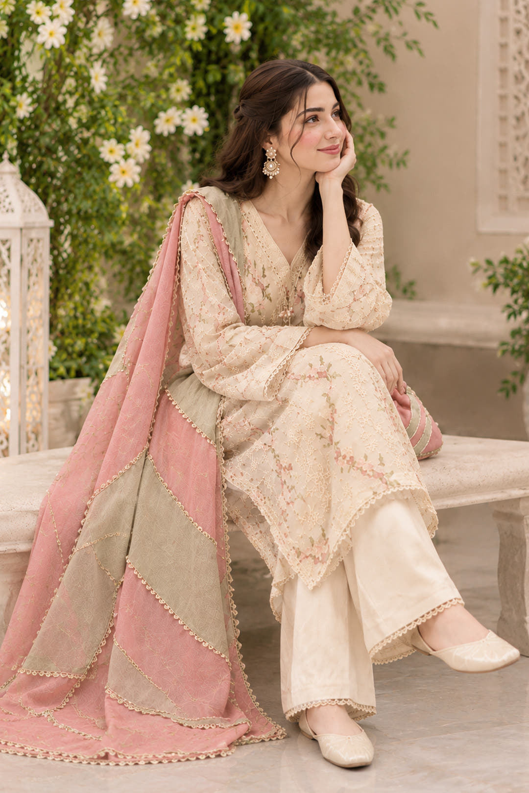 Cream Embroidered Cotton Net Kalidaar 3-Piece Suit Set