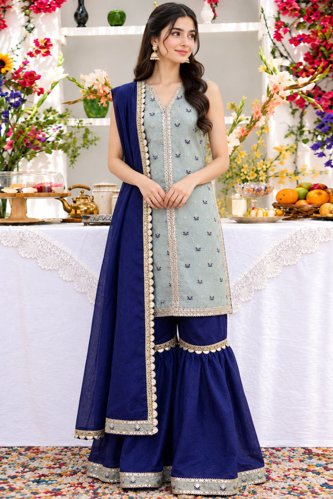 Front-Open Floral Jacquard Lurex Shirt with Gharara Set