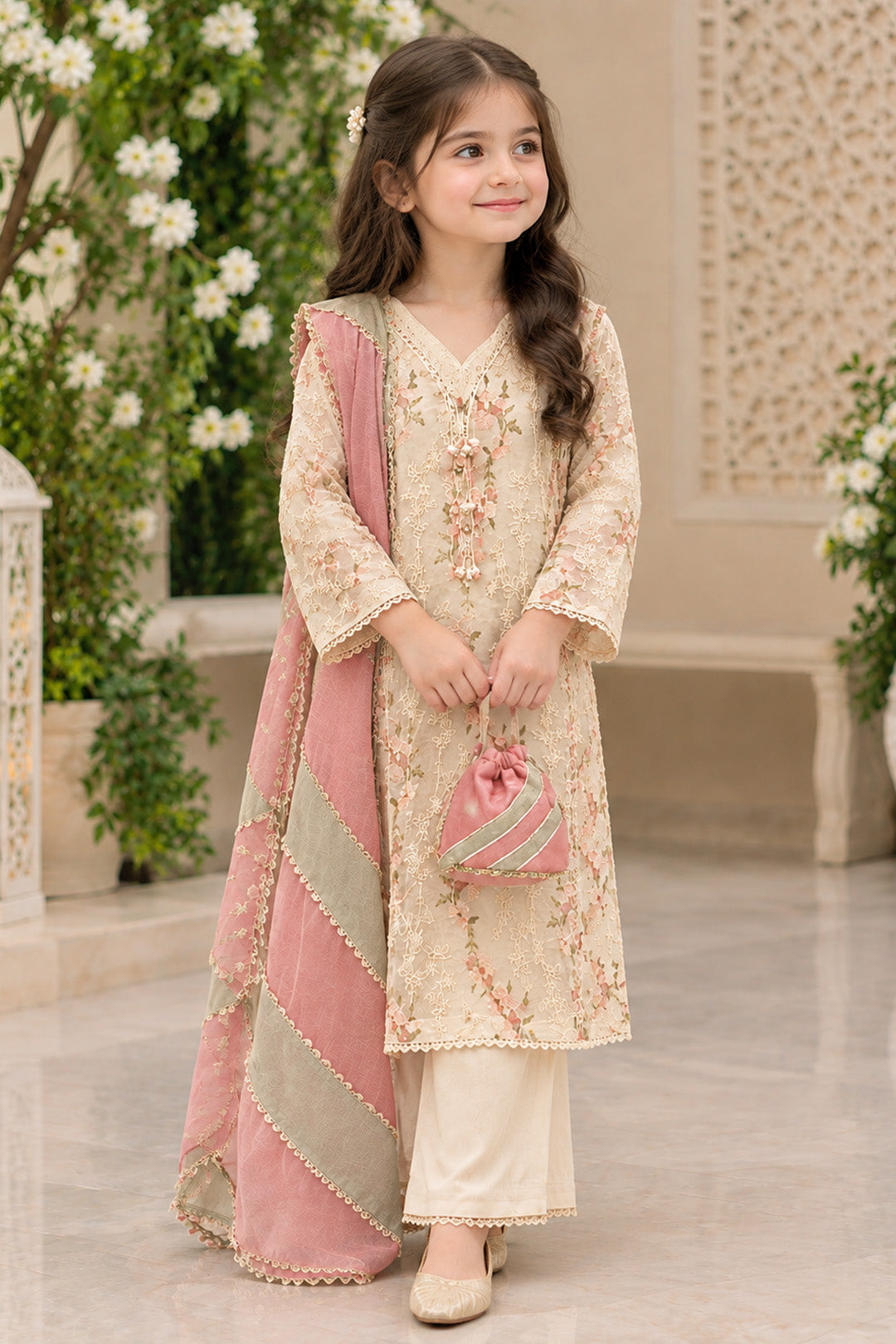 Cream Embroidered Cotton Net Kalidaar 3-Piece Suit Set | Girls