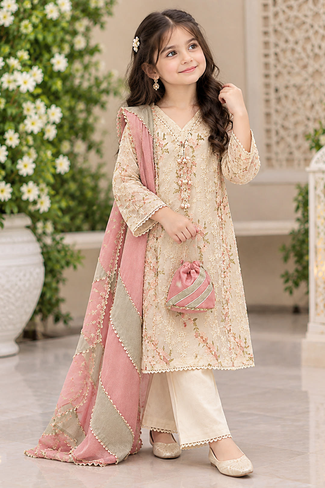 Cream Embroidered Cotton Net Kalidaar 3-Piece Suit Set | Girls