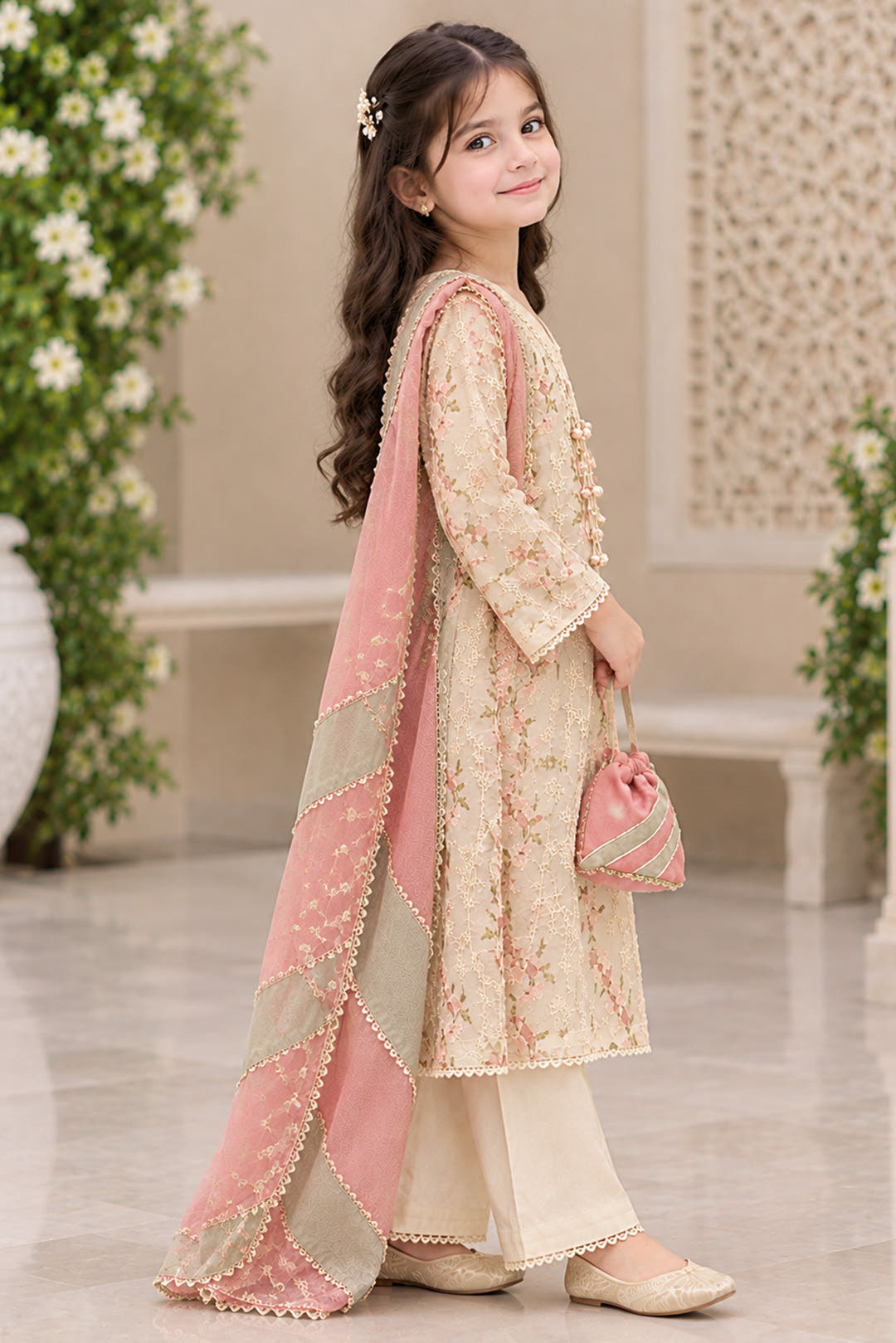 Cream Embroidered Cotton Net Kalidaar 3-Piece Suit Set | Girls