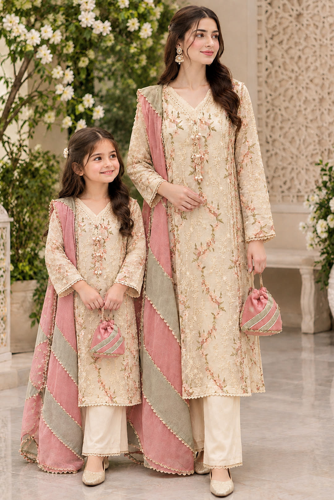 Cream Embroidered Cotton Net Kalidaar 3-Piece Suit Set