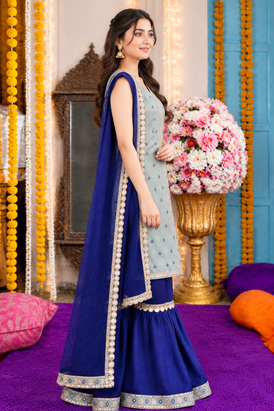 Front-Open Floral Jacquard Lurex Shirt with Gharara Set
