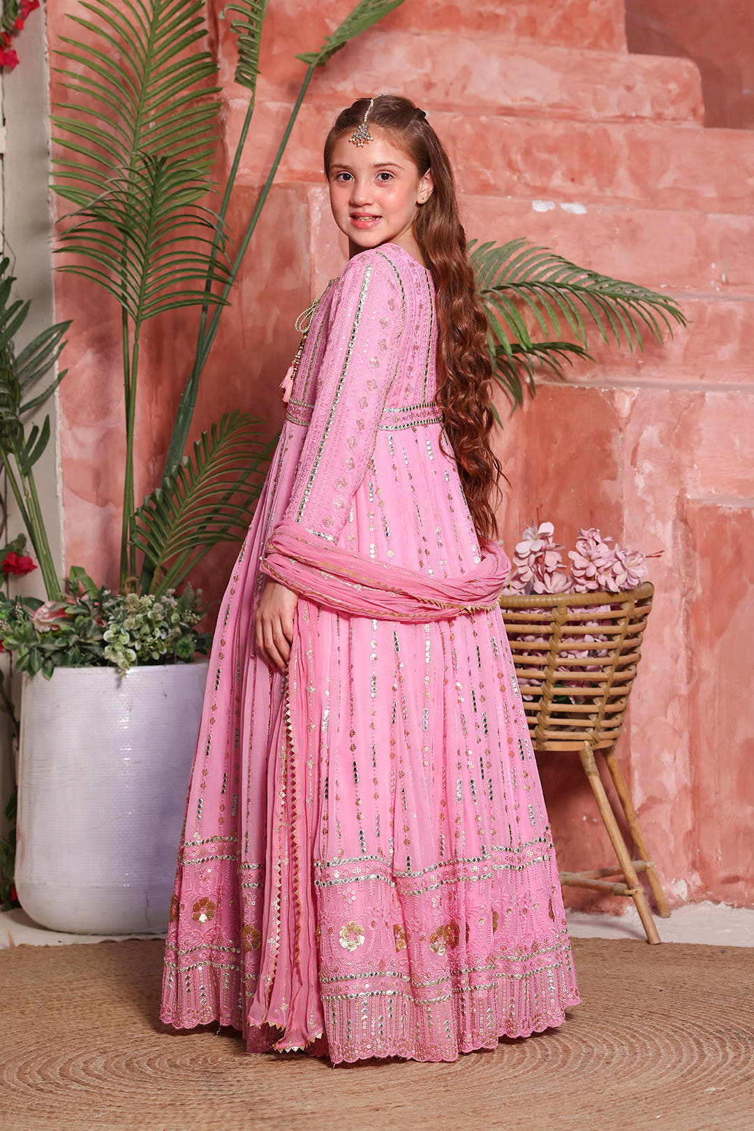 Flamingo Pink Embroidered Luxury Festive Chiffon Maxi | Girls