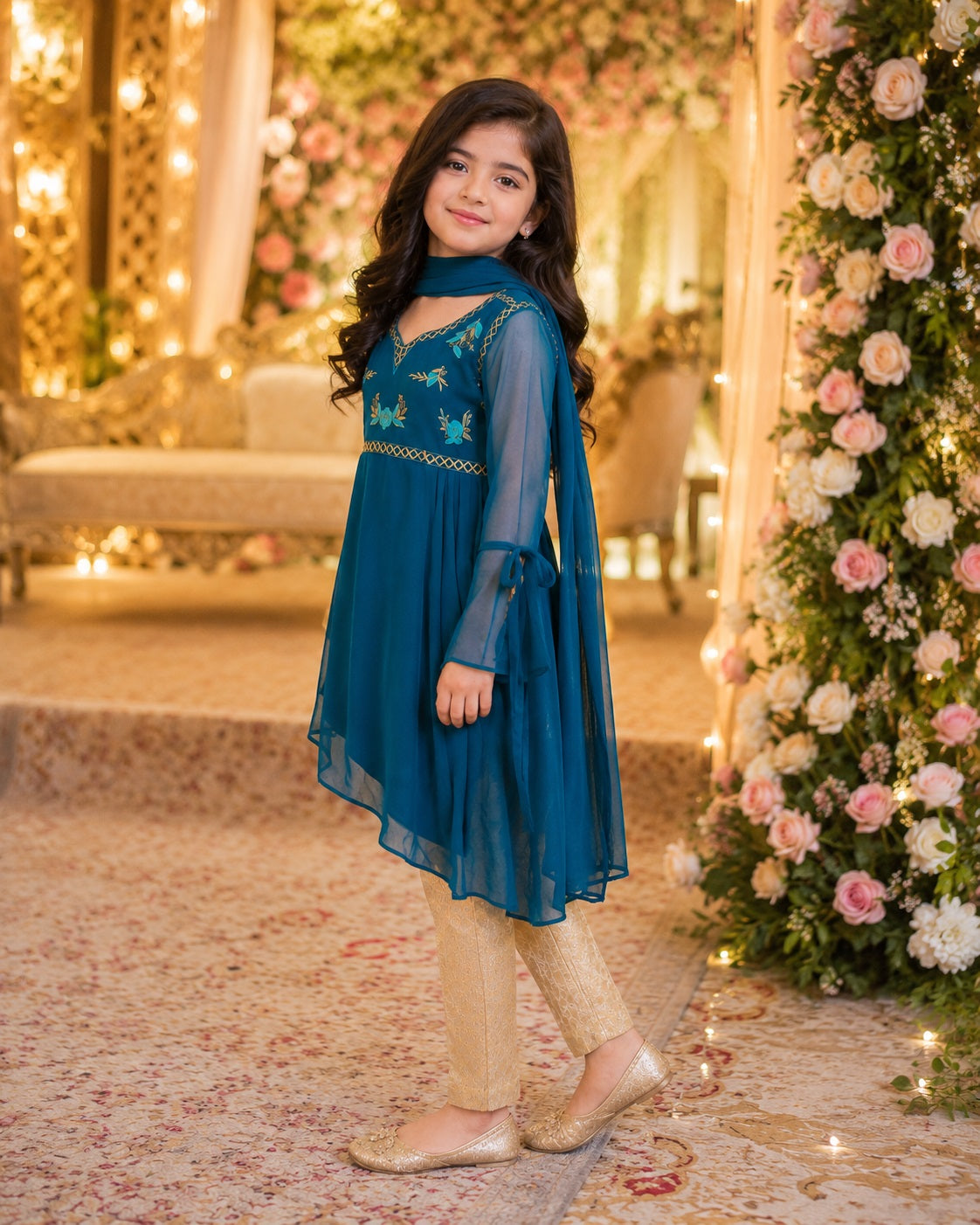 Teal Blue Asymmetric Embroidered Festive 3-Piece Suit | Girls