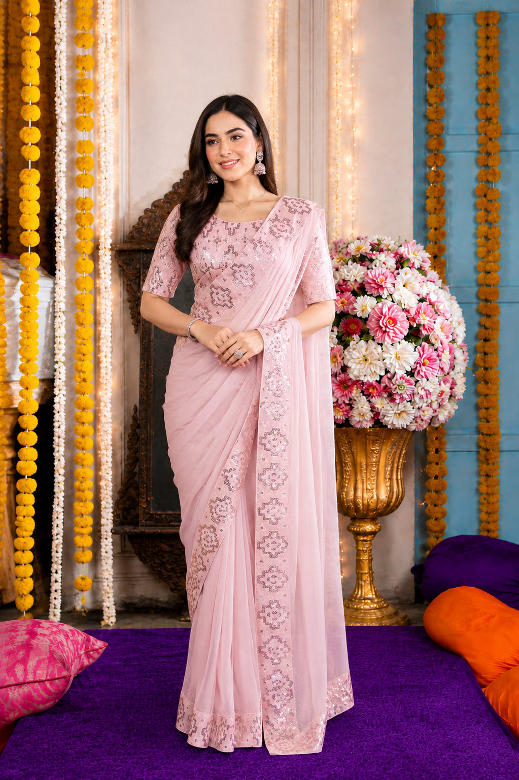 Blush Pink Sequined Embroidered Festive Saree Set