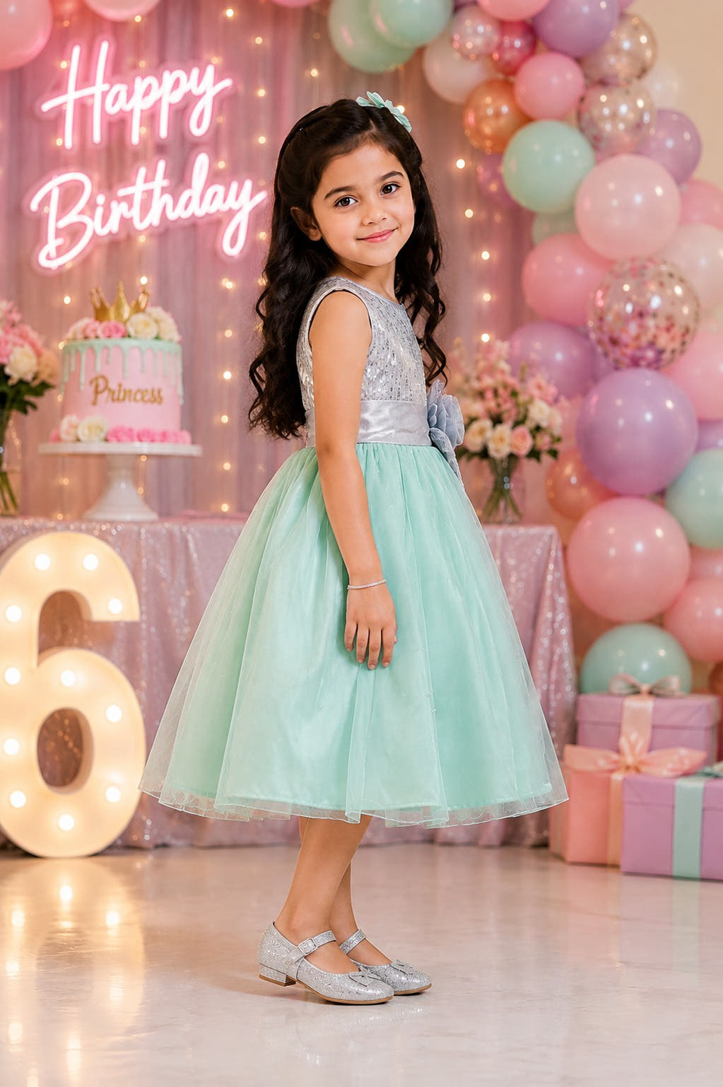 Mint Green & Silver Sequined Party Net Frock Set