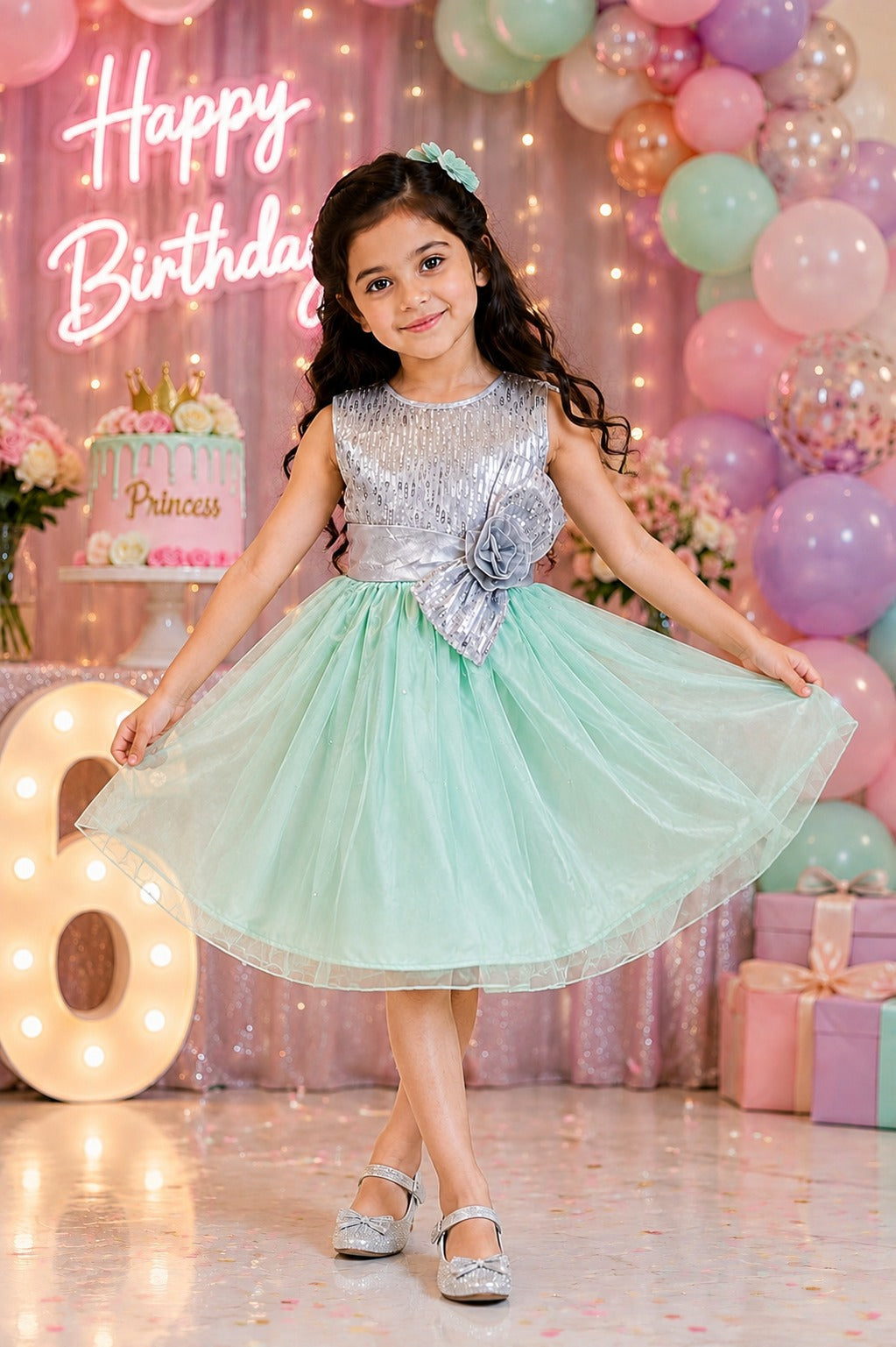 Mint Green & Silver Sequined Party Net Frock Set