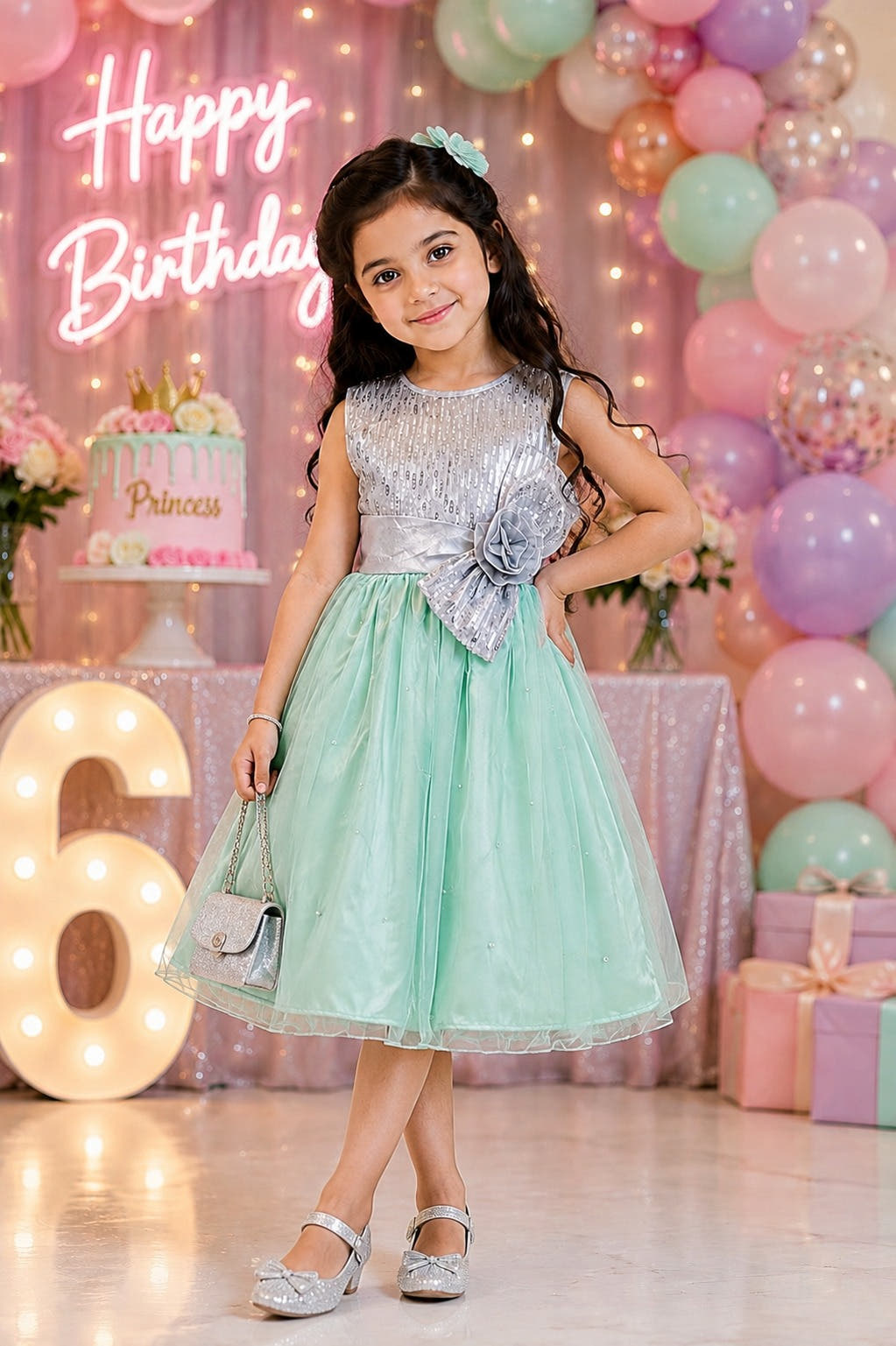 Mint Green & Silver Sequined Party Net Frock Set