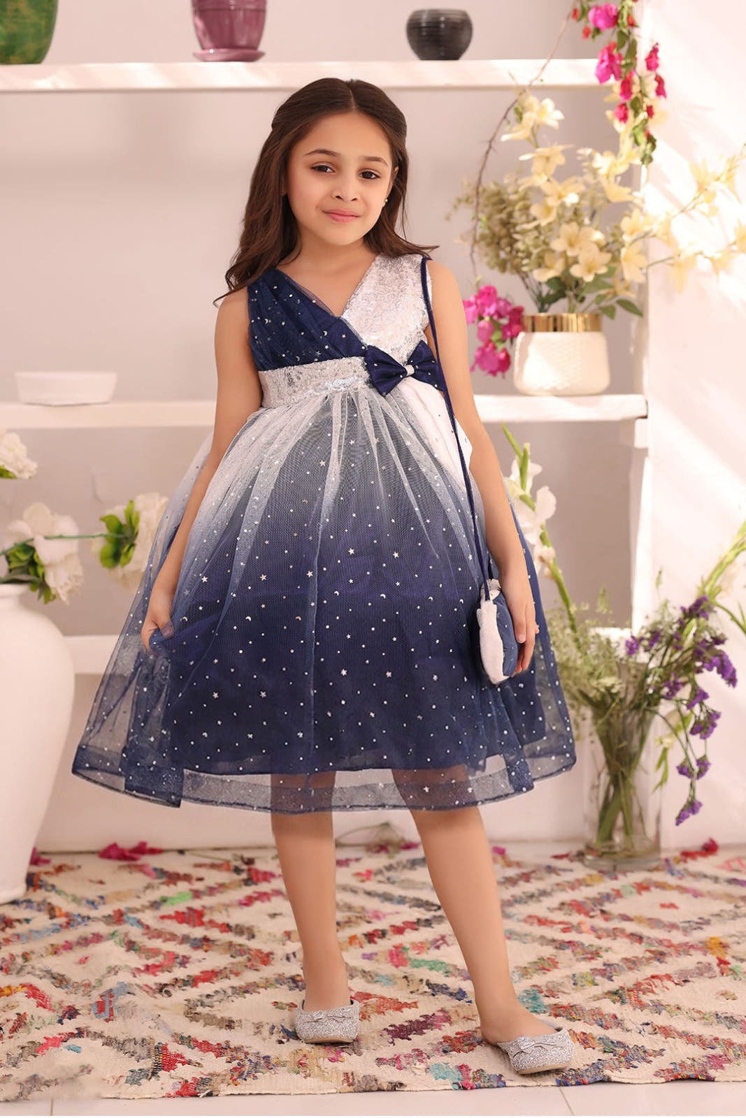 Two Tone Starry Net Frock — Navy Blue & White