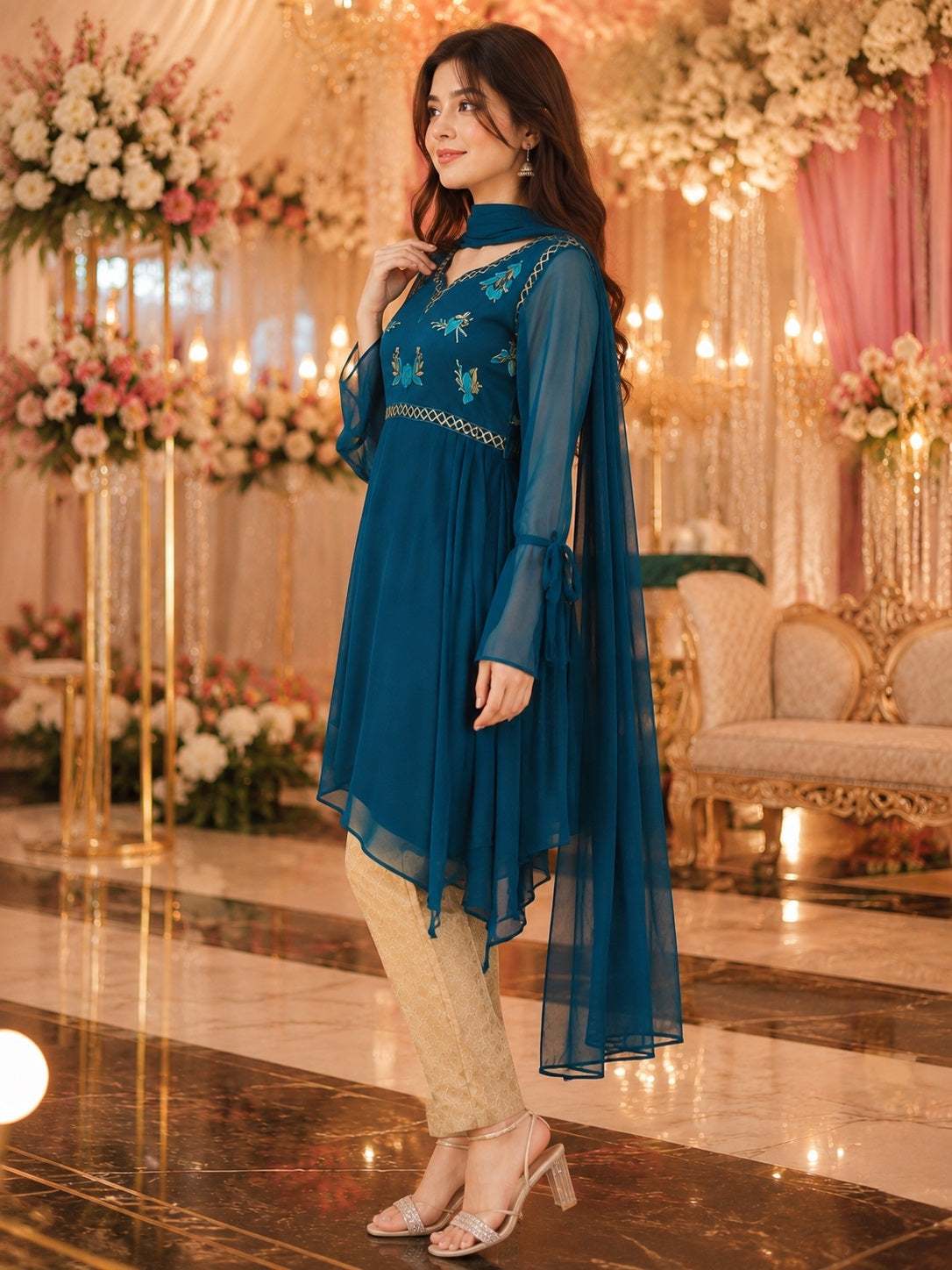 women teal blue asymmetric embroidered festive 3-piece suit Pakistan occasion wear