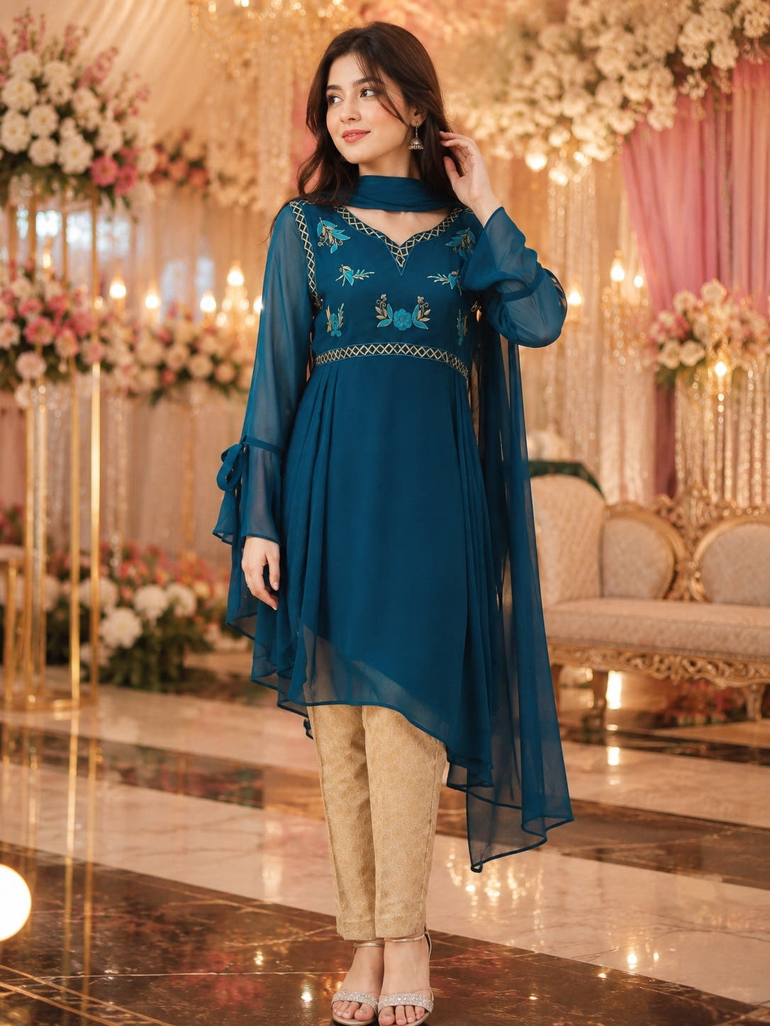 Teal Blue Asymmetric Embroidered Festive 3-Piece Suit