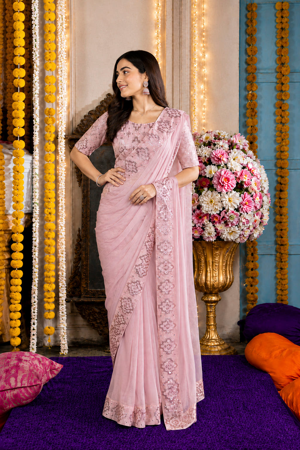 Blush Pink Sequined Embroidered Festive Saree Set