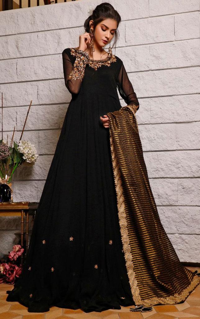 SANA'S red embroidered chiffon maxi dress Pakistan occasion wear