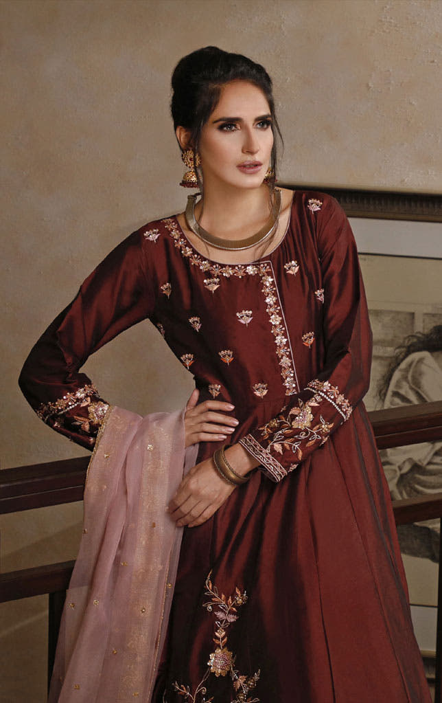 SANA'S red embroidered raw silk maxi dress Pakistan occasion wear