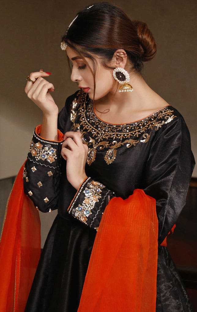 SANA'S red embroidered raw silk maxi dress Pakistan wedding wear