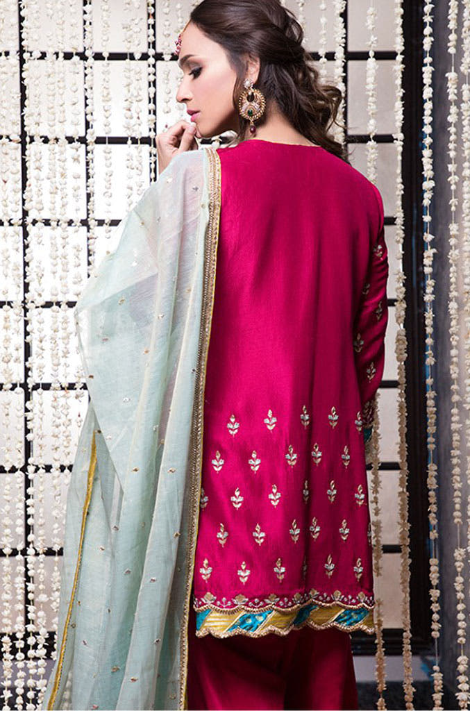SANA'S red embroidered raw silk suit Pakistan occasion wear