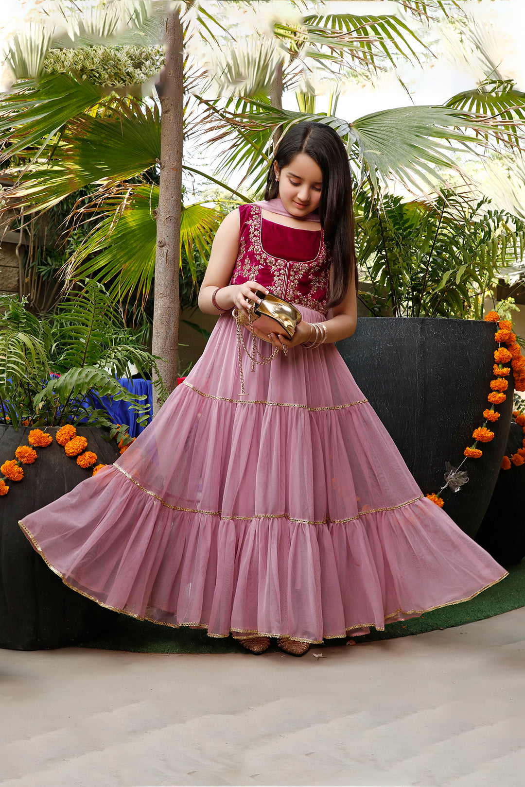 Handwork Embroidered Velvet Layered A-Line Maxi | WC1920 | A3029