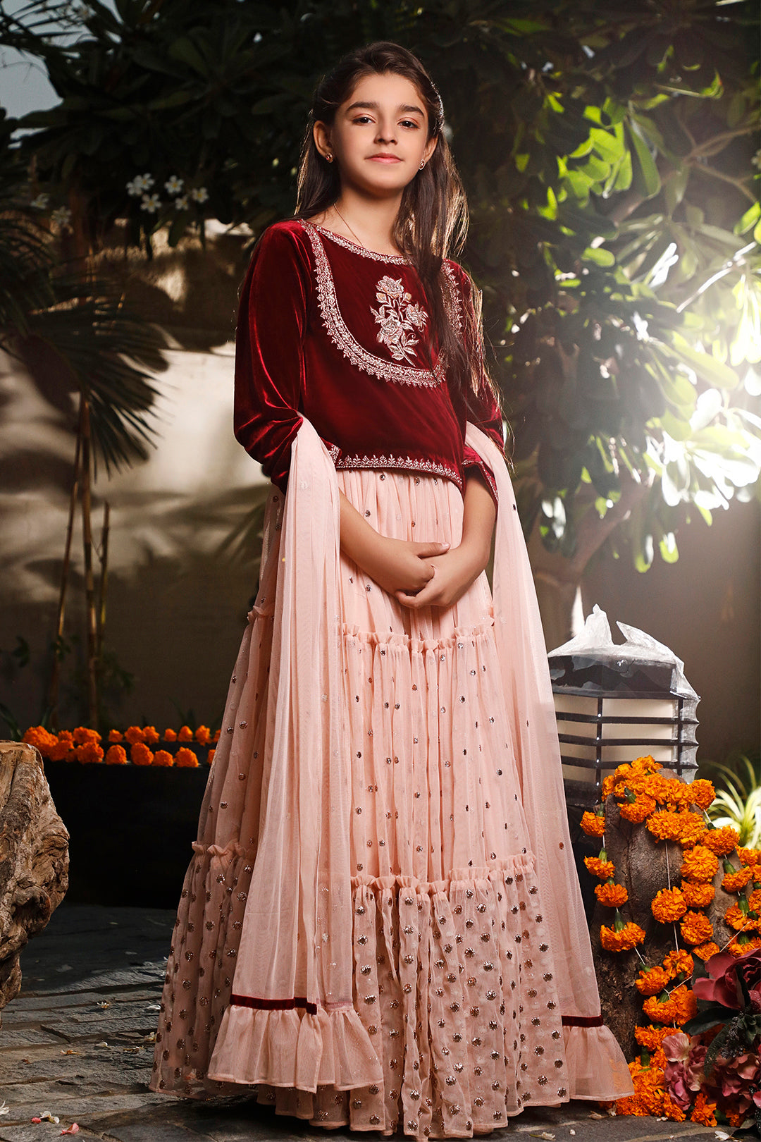 Handwork Zari Embroidered Velvet Ruffled Lehenga Choli | WC1920 | L3101