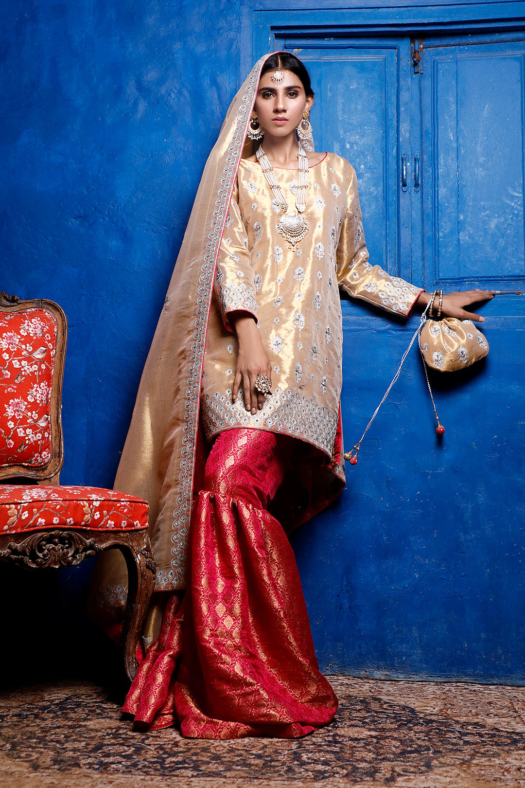SANA'S red embroidered brocade gharara suit Pakistan occasion wear