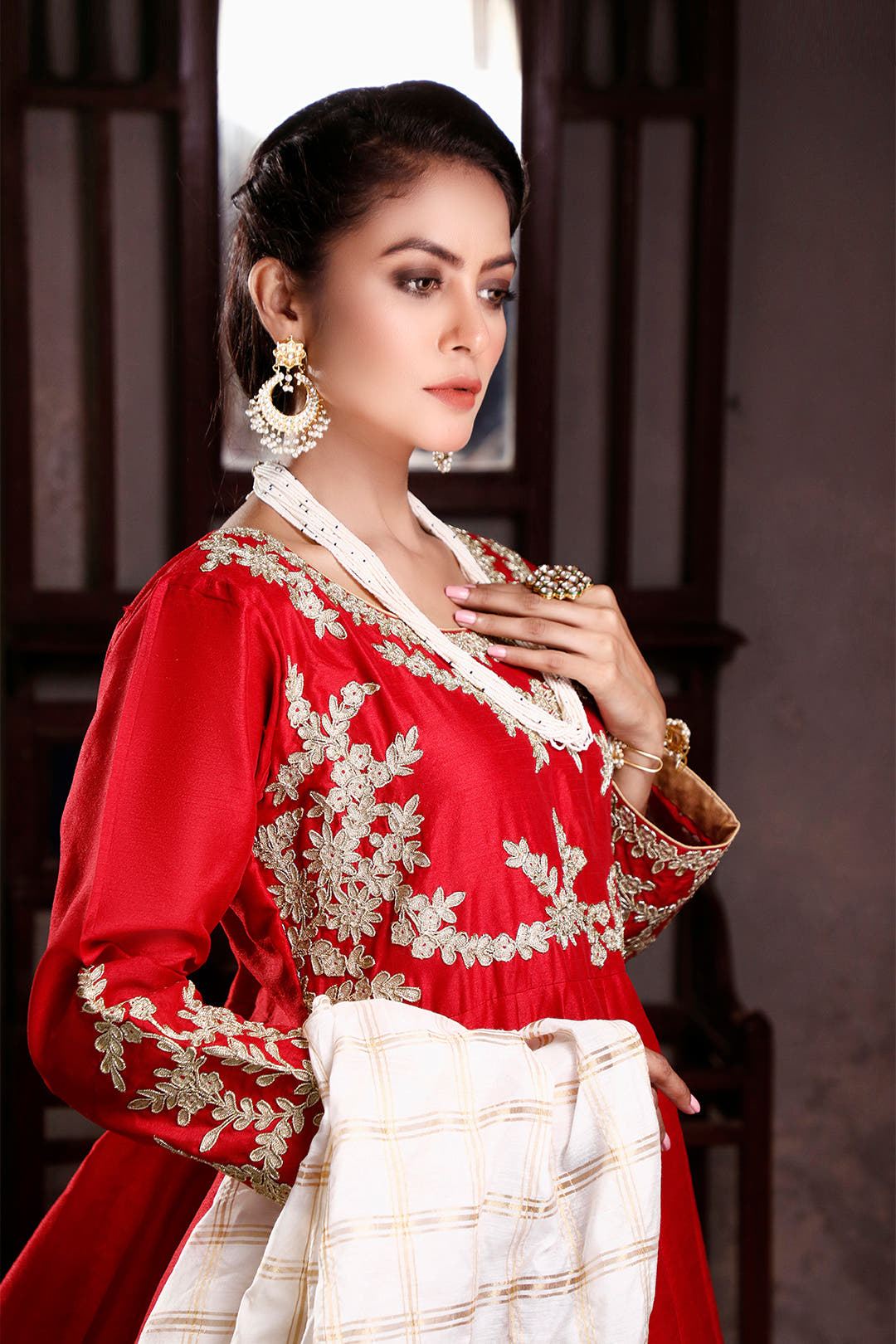 SANA'S red embroidered raw silk maxi dress Pakistan occasion wear