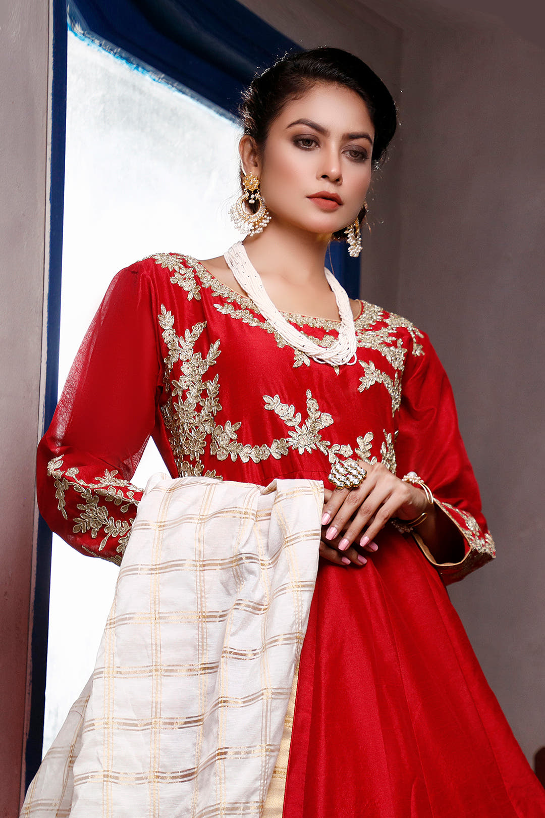 SANA'S red embroidered raw silk maxi dress Pakistan occasion wear