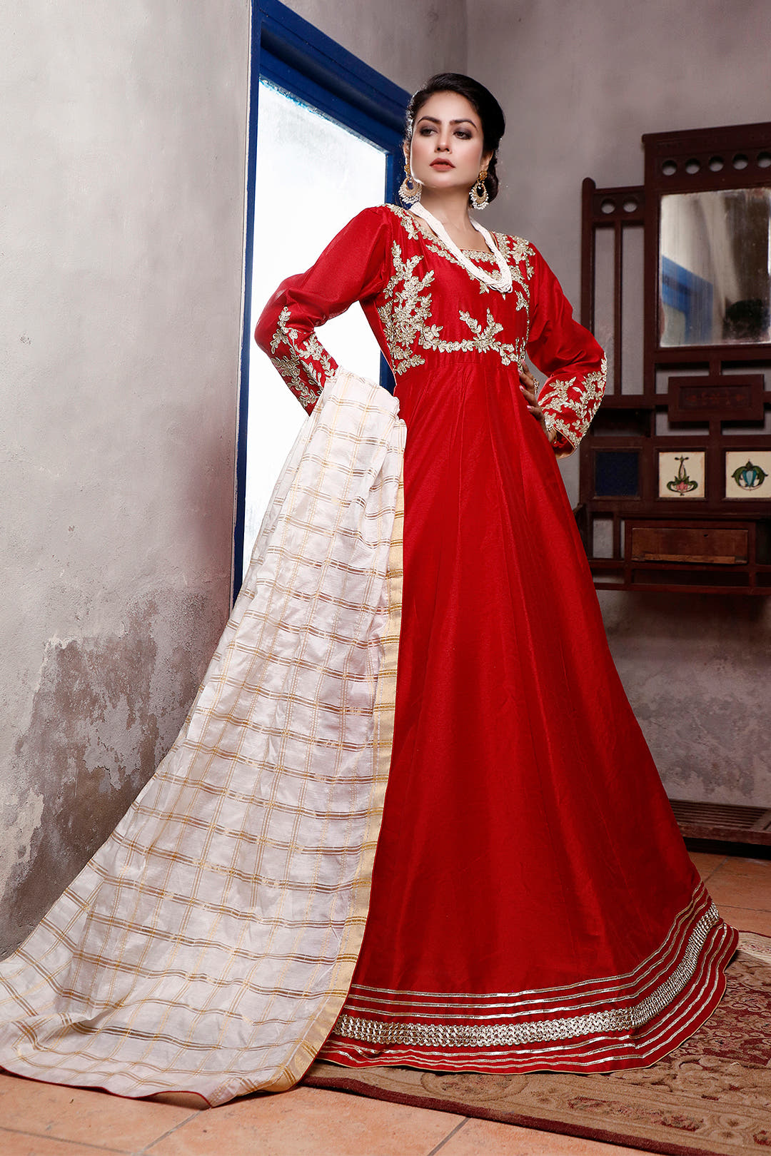 SANA'S red embroidered raw silk maxi dress Pakistan occasion wear