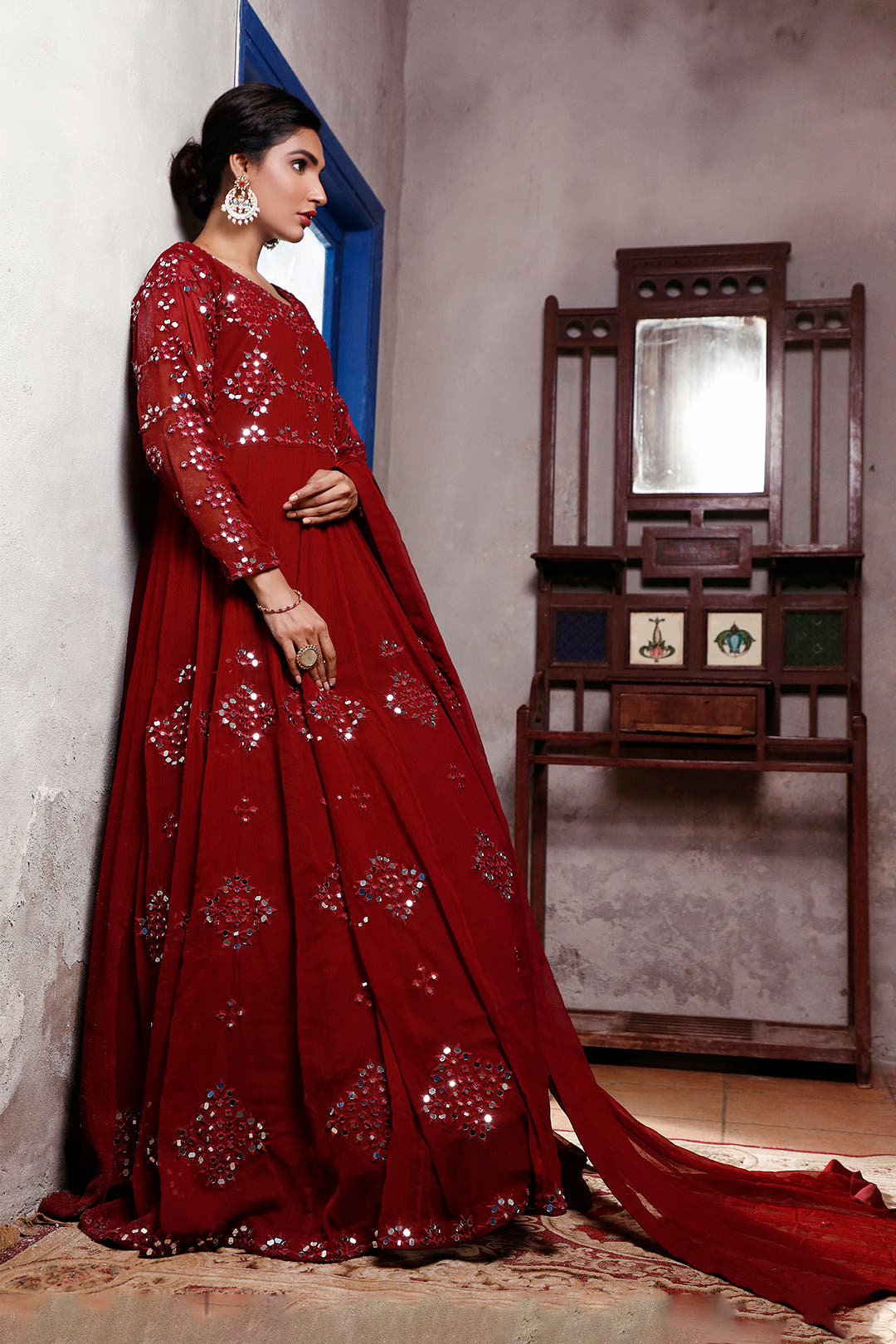 SANA'S red embroidered net maxi dress Pakistan occasion wear