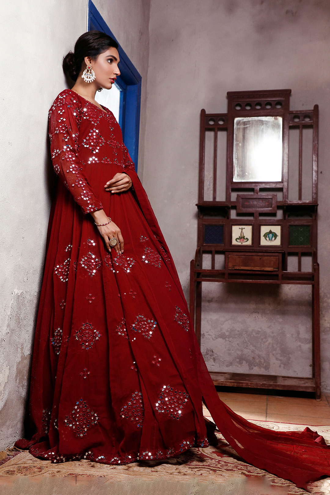 SANA'S red embroidered net maxi dress Pakistan occasion wear