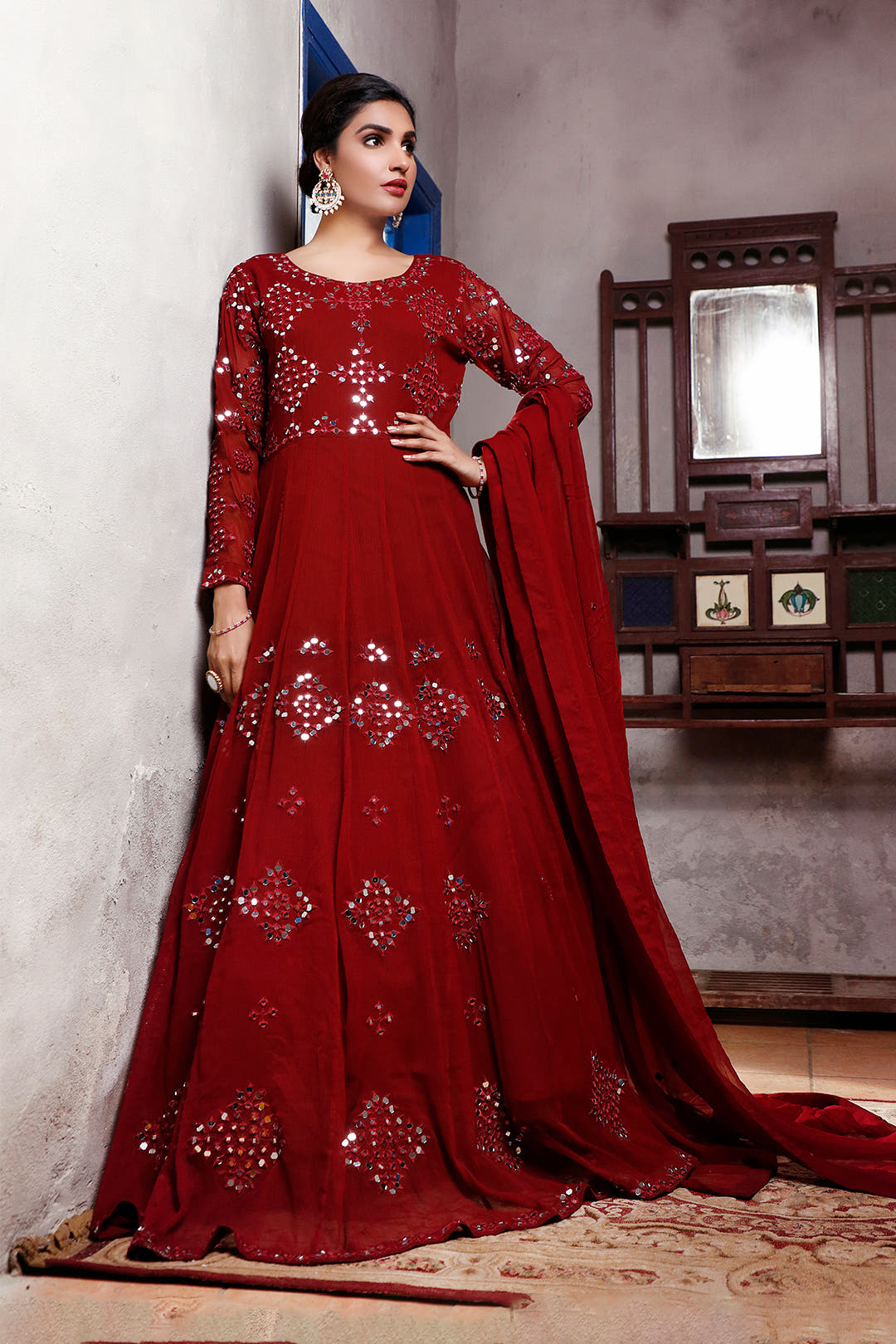 SANA'S red embroidered net maxi dress Pakistan occasion wear