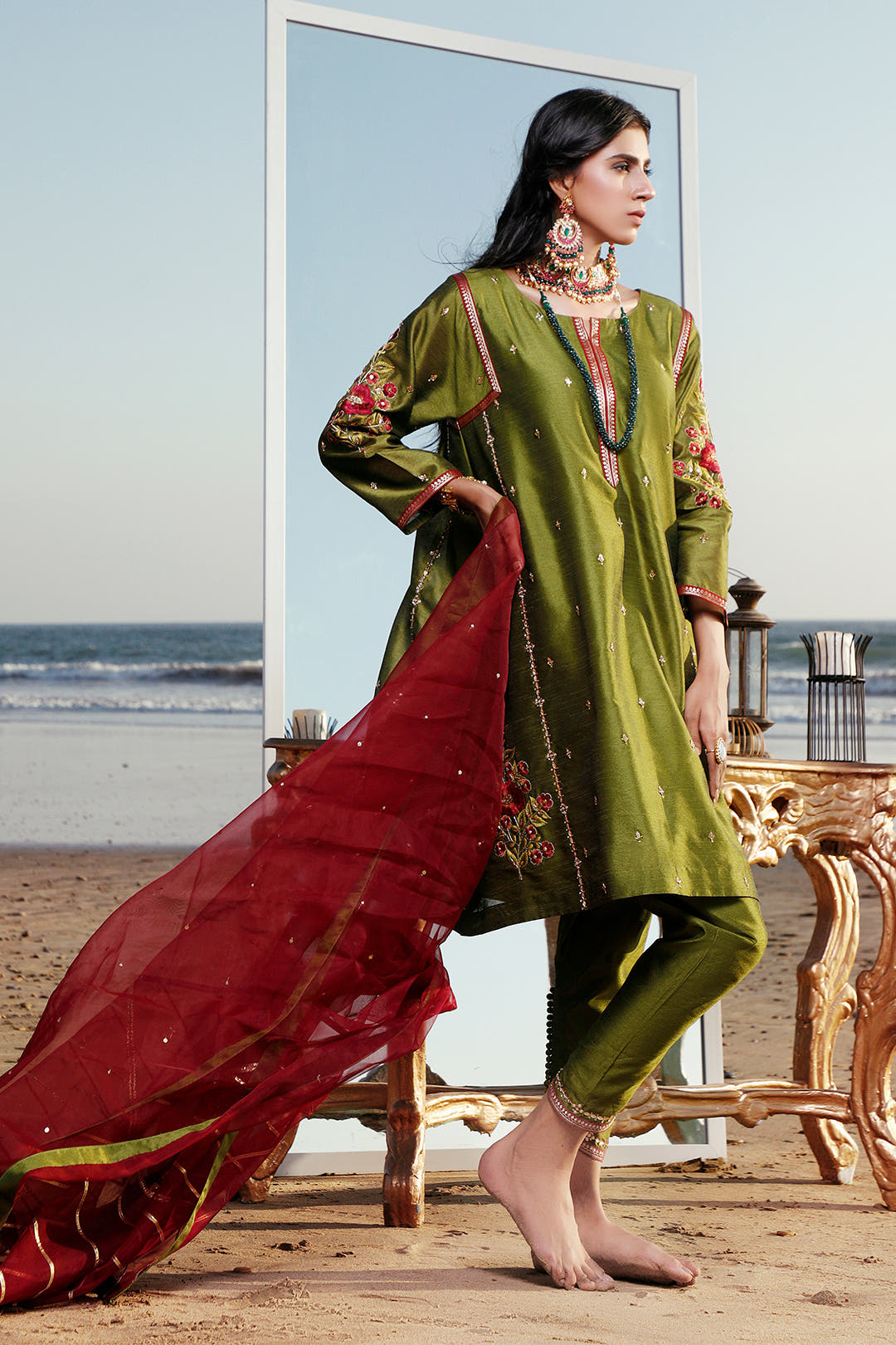 SANA'S red embroidered raw silk suit Pakistan Eid