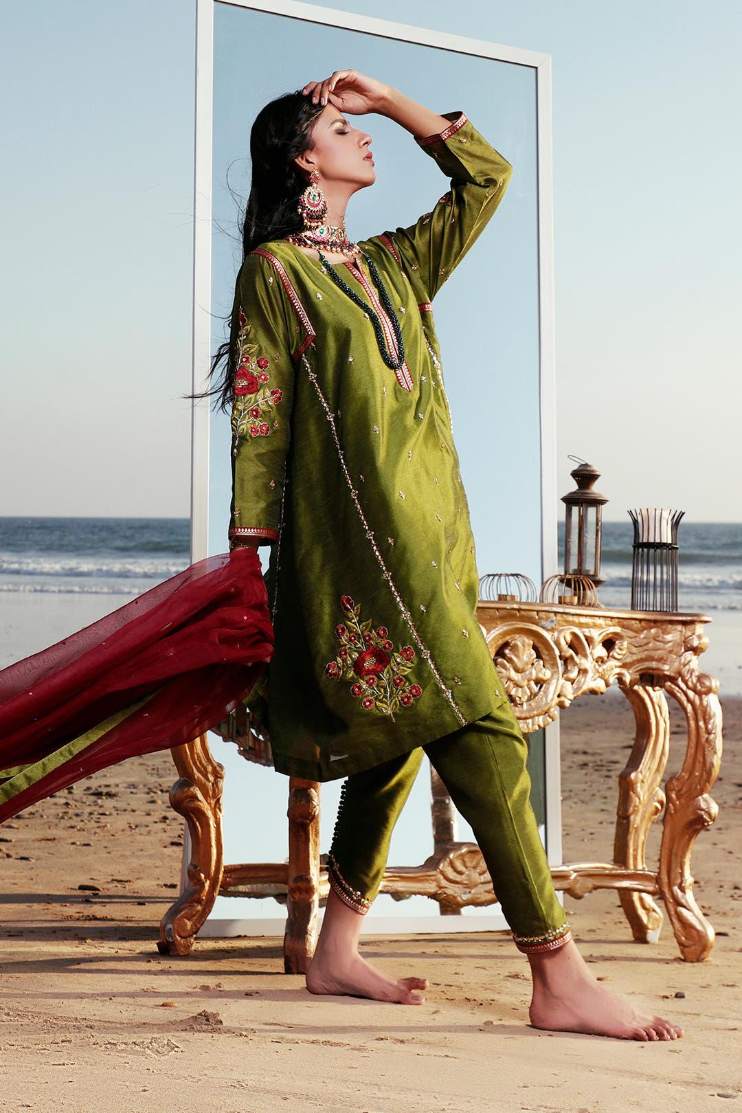 SANA'S red embroidered raw silk suit Pakistan Eid